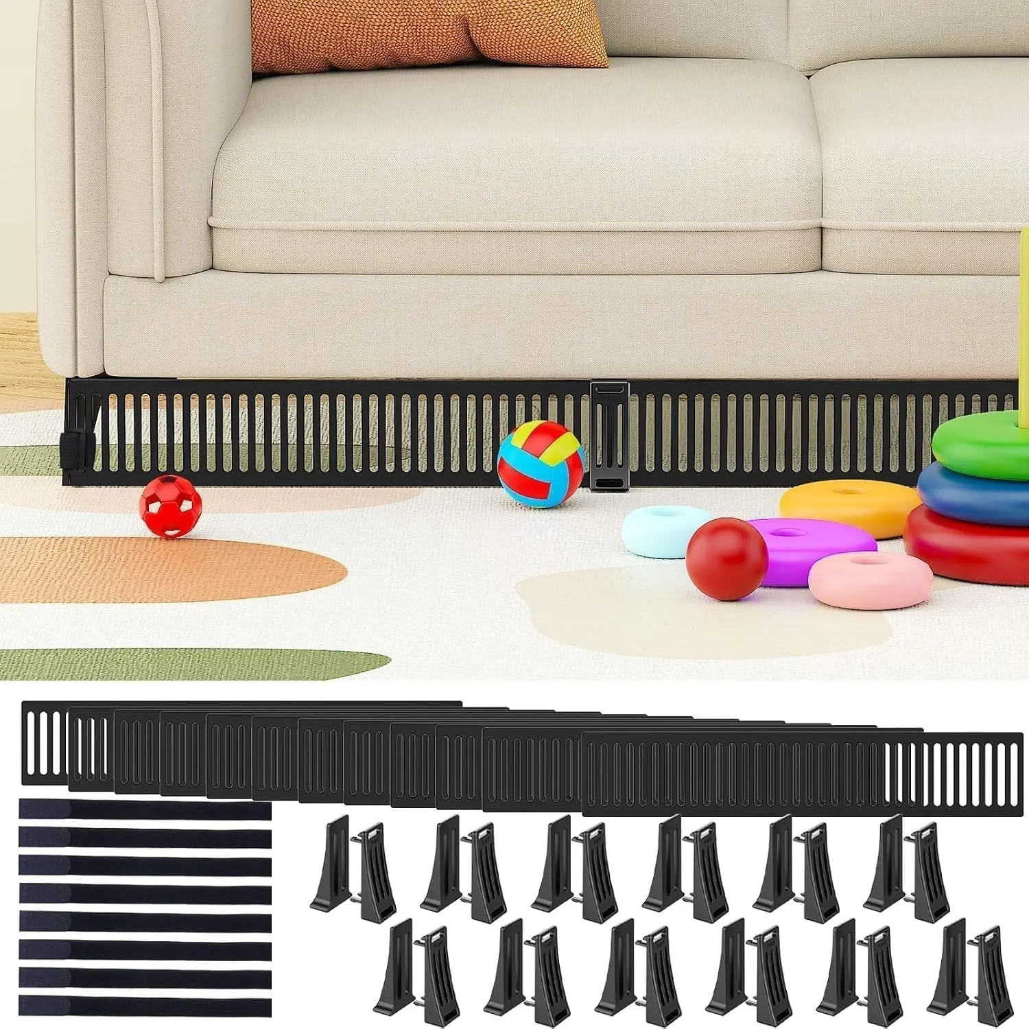 Under Couch Blocker for Pets & Toys, 3.2" Tall, Fits Gaps 1.6"–3.2", 12 PK Easy Removal for Cleaning Reusable Hook & Loop Straps Lower Visual Impact No Glue Floor & Carpet Friendly