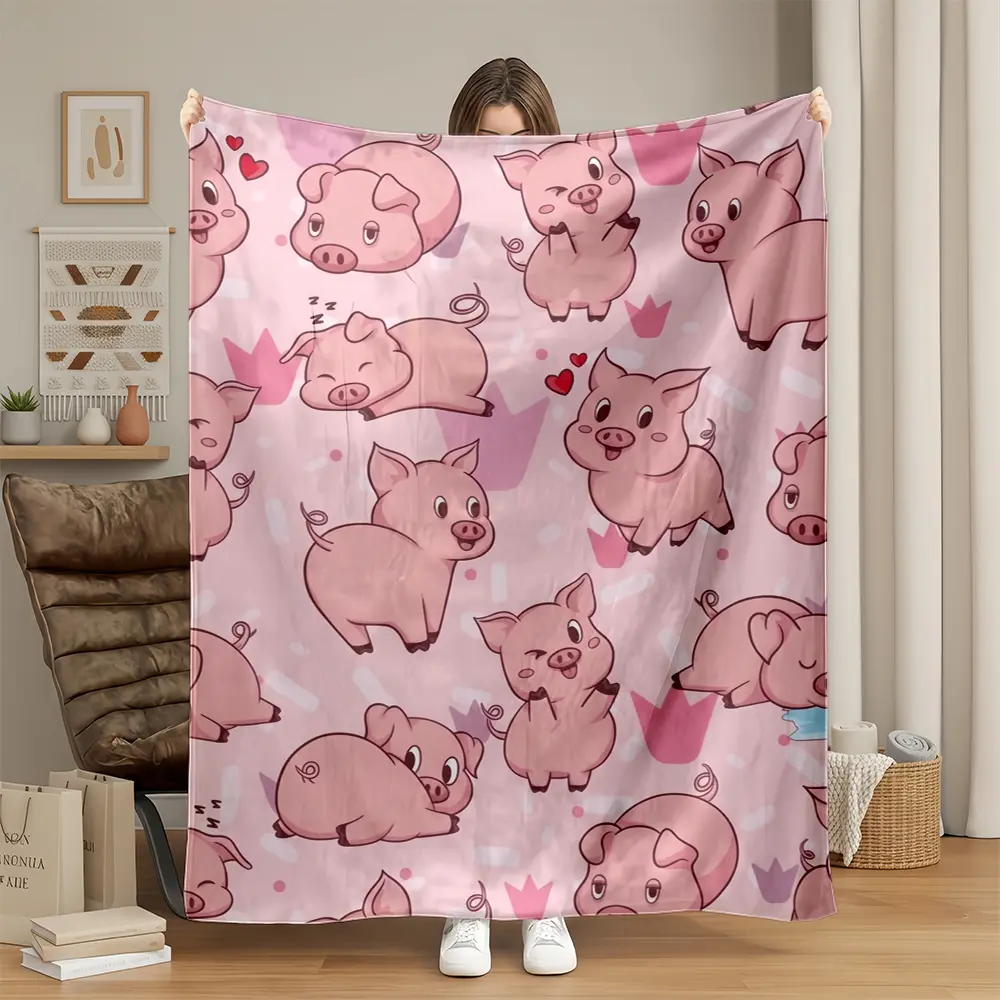 Cute Pig Cartoon Print Flannel Blanket, Super Soft Skin-Friendly Air Conditioning Cover, Portable Office Nap Home Travel Throw
