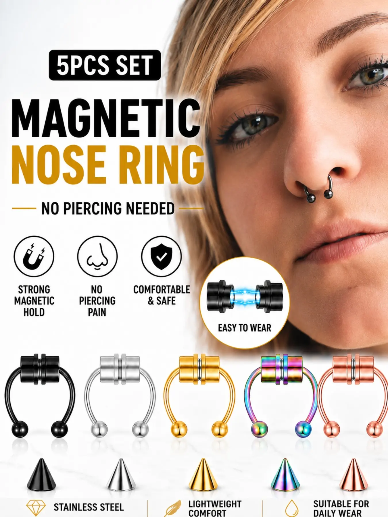 5pcs Non Piercing Magnetic Nose Ring Set, Stainless Steel Fake Septum Hoop, Ball Spike Ends, Unisex Jewelry, All Seasons