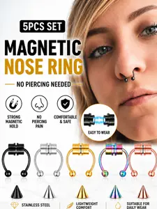 5pcs Non Piercing Magnetic Nose Ring Set, Stainless Steel Fake Septum Hoop, Ball Spike Ends, Unisex Jewelry, All Seasons