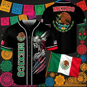 Mexico Baseball Jersey Shirt Black Button Up, Aztec Warrior Headdress Graphic, Mexican Eagle Coat of Arms,Mexico Pride Fan Wear