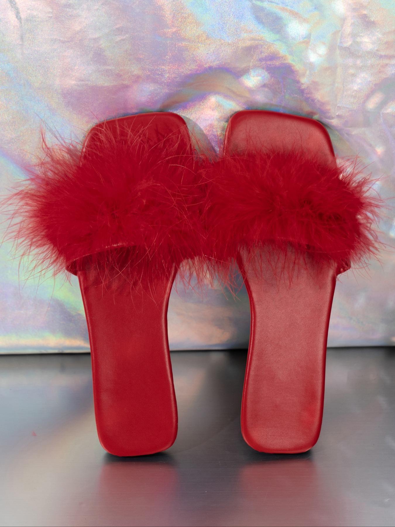 Women's Fashionable Fluffy Decor Elegant Square Toe Flat Sandals, Non-slip Slip-on Slide Sandals for Summer, Trendy All-match Barefoot Shoes for Daily Wear