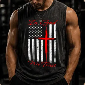 Retro In God We Trust Tank Top, Patriotic USA Flag & Christian Cross Graphic Vest, Unisex Casual Washed Sleeveless Top, Perfect for Christian Patriots & 4th of July Outfits