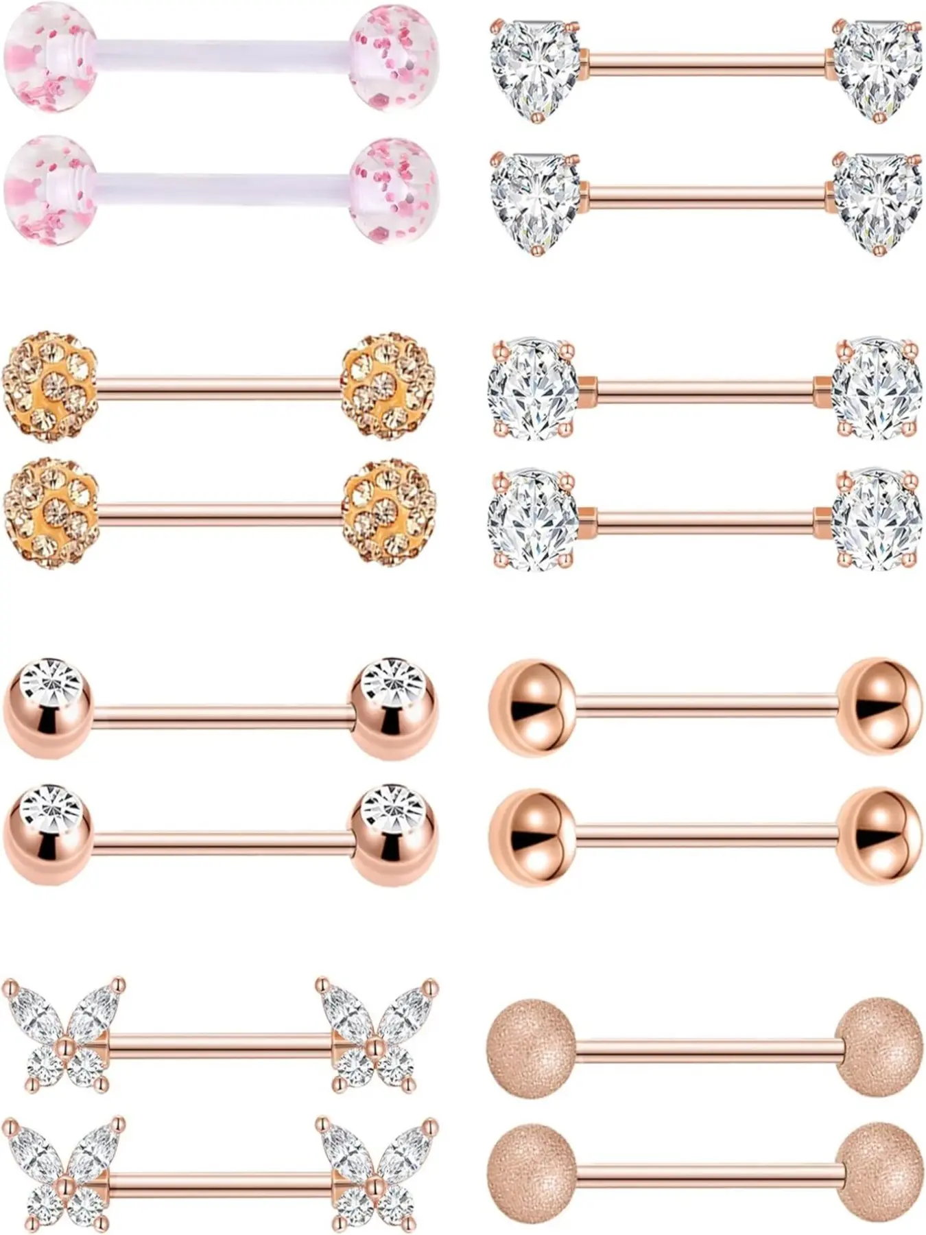 8 Pairs Nipple Rings Tongue Ring 14G Stainless Steel CZ Ball Heart Butterfly Nipple Straight Barbells Body Piercing Jewelry for Women Men Silver Rose Gold Plated 14mm Chic Body Jewelry