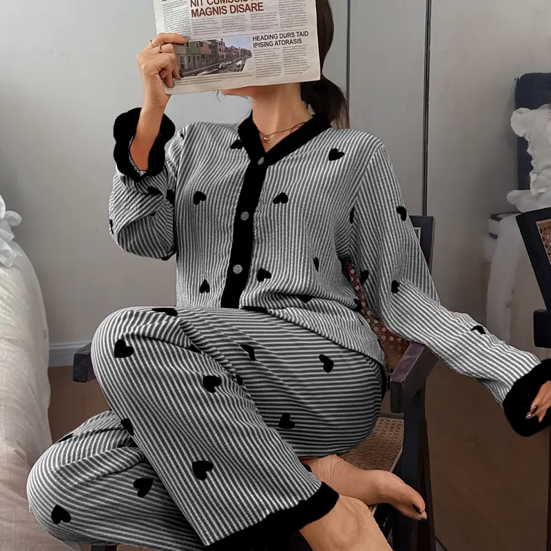 Elegant Women's Sleepwear Set, Heart Pattern V-Neck Long Sleeve Top and Pants, Lightweight Loose Home Clothing, Comfortable Nightwear