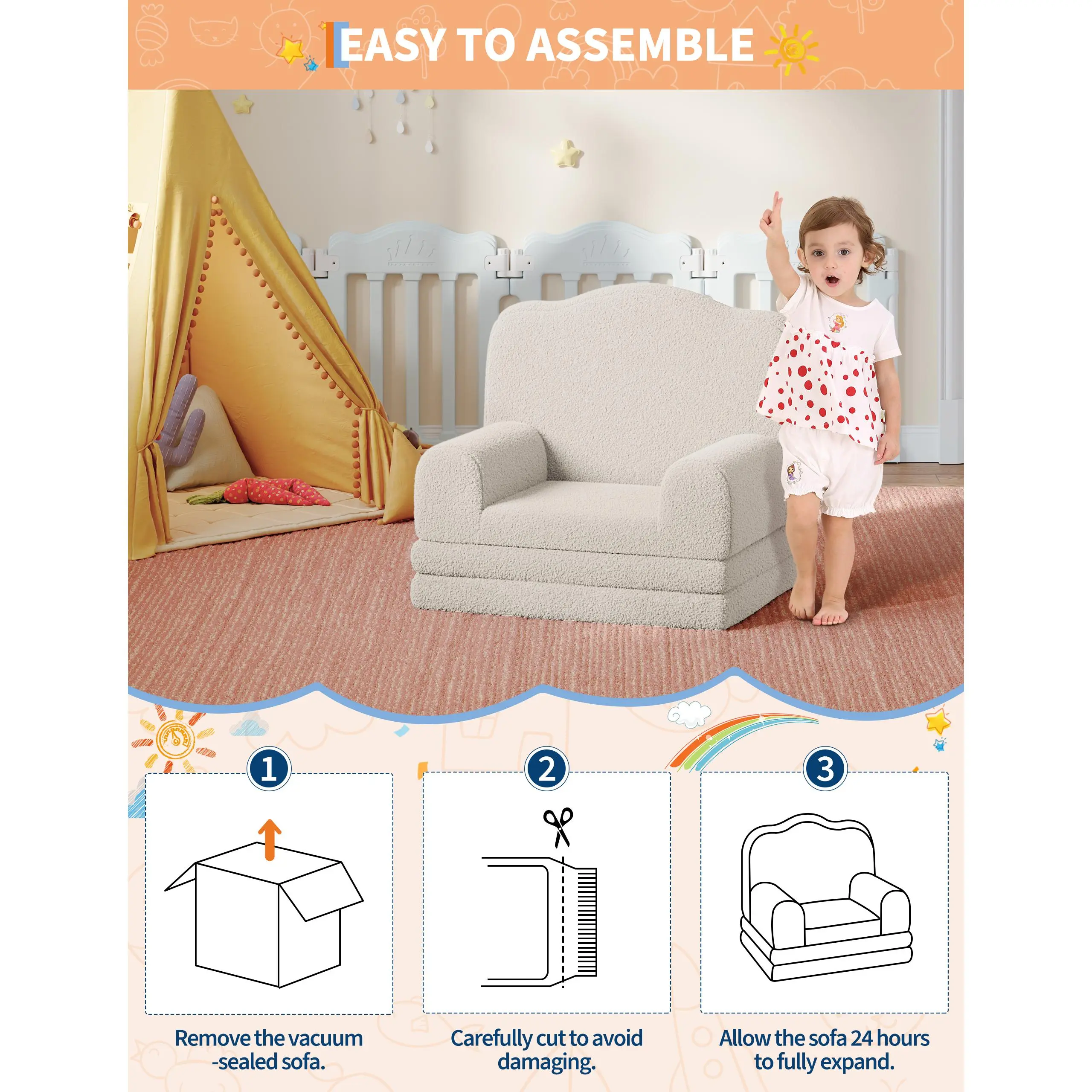 2-in-1 Kids Sofa Couch - Convertible Toddler Chair & Lounger, Soft Sherpa or Stuffed Fleece, Comfortable Fold Out Design, Crown Theme, Large Size, Multiple Colors