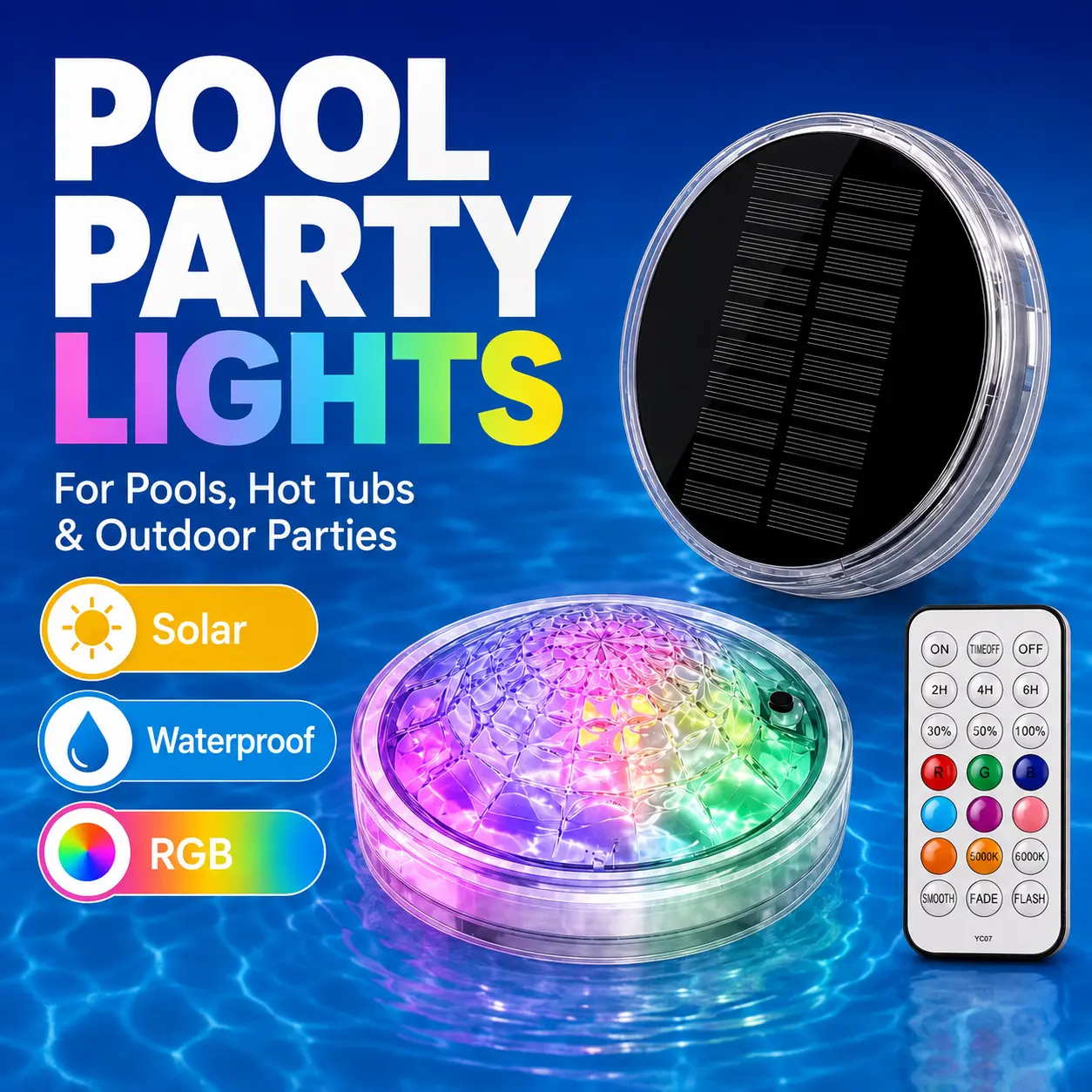 Color Changing Floating Pool Lights with Solar Power, Remote Controlled RGB LED Design, IP68 Waterproof Lighting for Pools, Hot Tubs, Garden Parties and Nighttime Swimming
