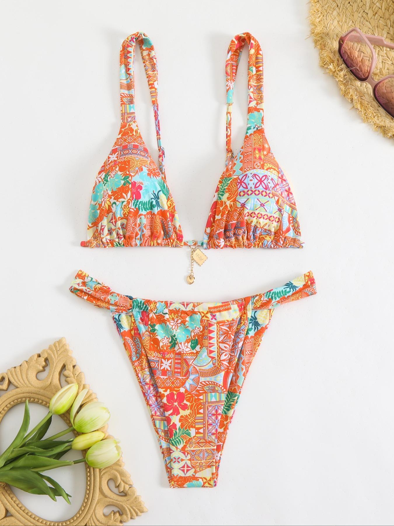 Two-piece Set Women's All Over Print Bikini Set, Casual Fashion Chic Swim Top & Swim Bottom Set for Beach Holiday Vacation, Ladies Swimwear for All Seasons, Flower Print Bikini, Bikinis Set, Floral Print Swimsuit, Swimsuit Set