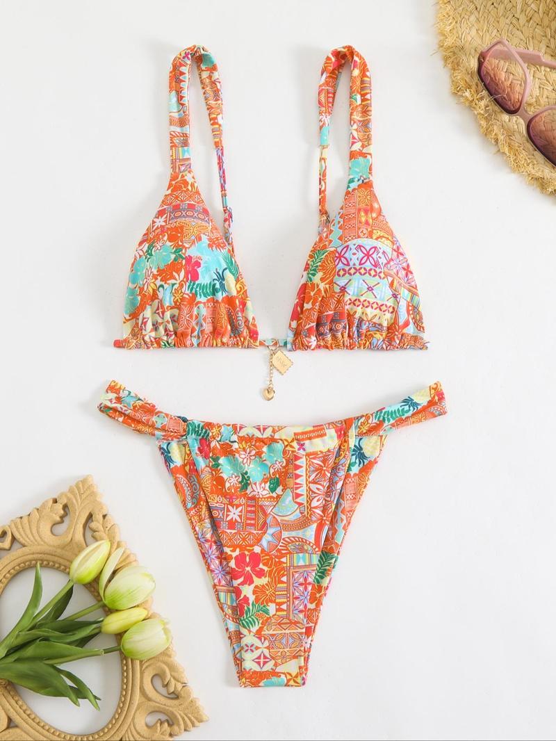 Women's Floral Bikini Set, Sexy Triangle Two-Piece Swimsuit, Sleeveless Party Style, All-Season Wear, Tie Back Design Women's Floral Bikini Set, Sexy Triangle Two-Piece Swimsuit, Sleeveless Party Style, All-Season Wear, Tie Back Design