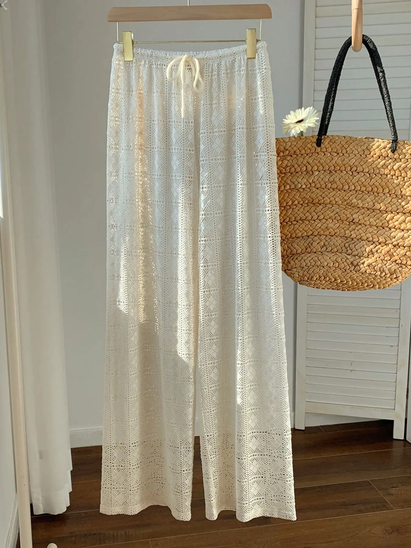 Women's Off- Lace Wide Leg Pants, Drawstring Waist, Lightweight Sheer Vacation Cover-Up, Soft Flowy Straight Fit Casual Long Pants