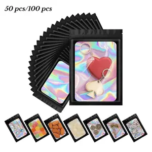 50/100PCS Black Mylar Holographic Resealable Bags,Clear Packaging Bag Odor Proof Foil Pouch Bag for Food Storage, Resealable Odor Foil Pouch with Clear Window for Candy Food Storage, Gift Bag for Jewelry Lash (Black, 3 x 4.7 Inch)