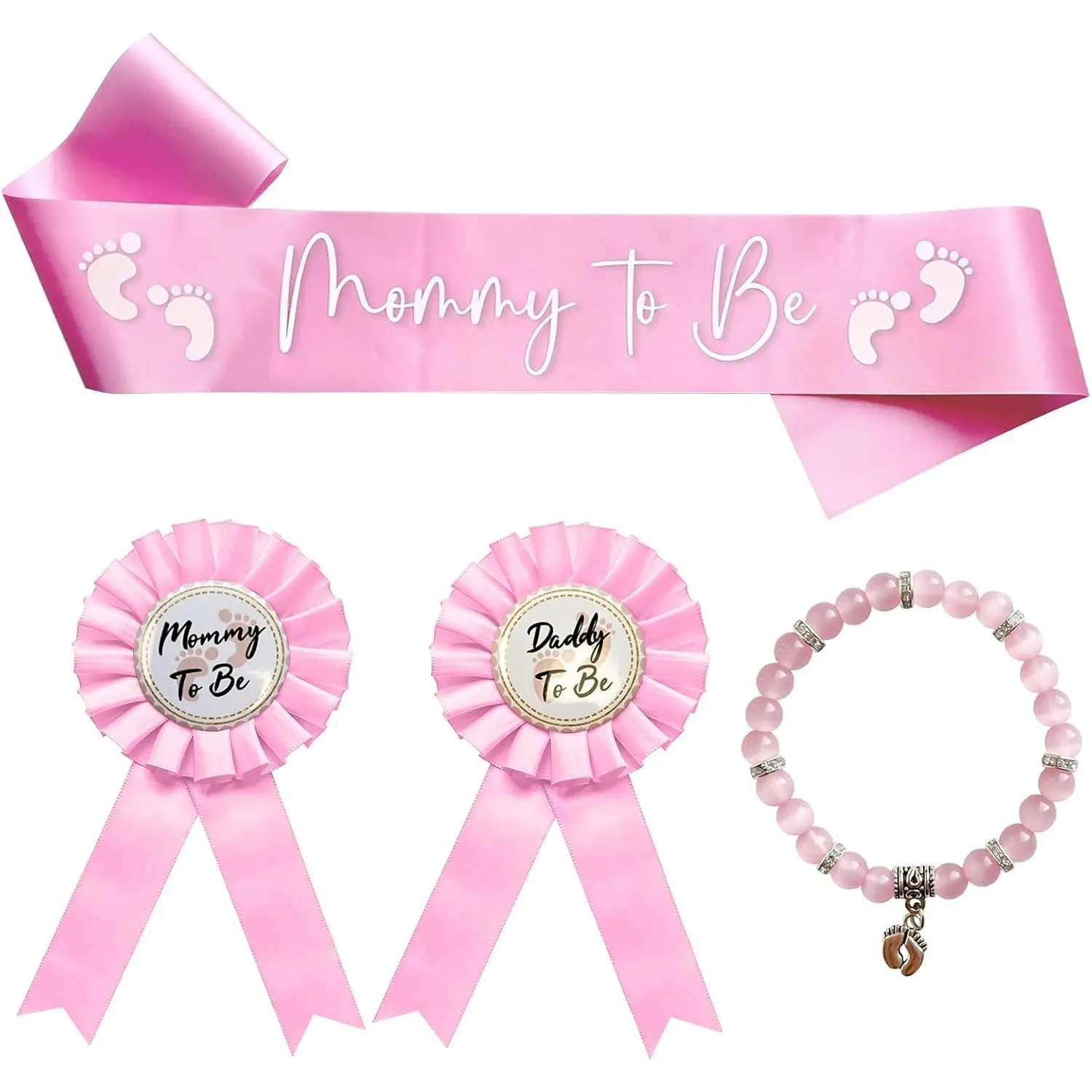 Mommy to Be Sash and Pin Set -  |  Shower Decorations for Girl with Bracelet  - 4 count  Party Supplies for Mom Dad