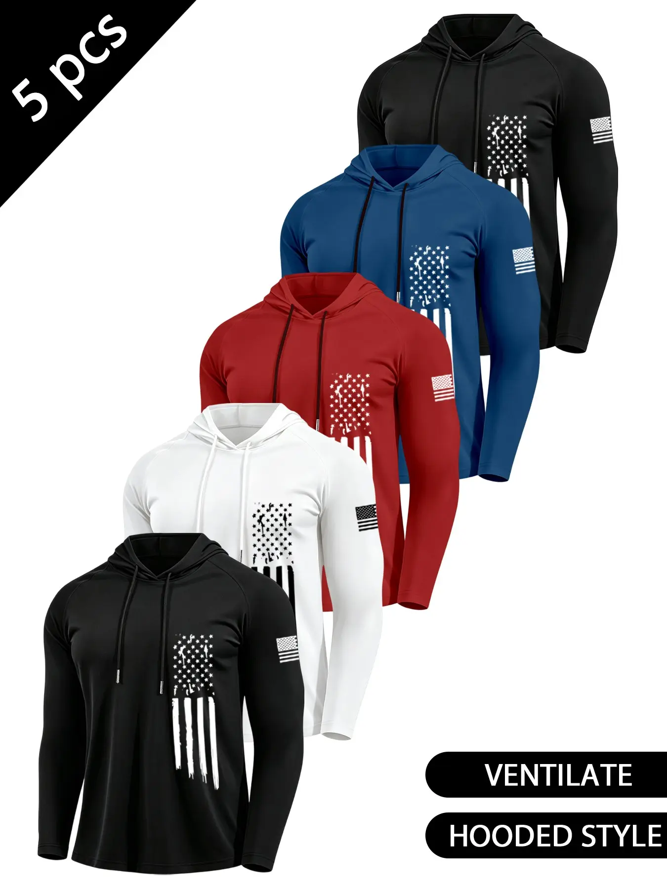 5-Pack Men's Sporty Outdoor Hooded Drawstring Long Sleeve T-Shirts, Streetwear Casual UV Protection, Fall Winter Breathable Athletic Tops