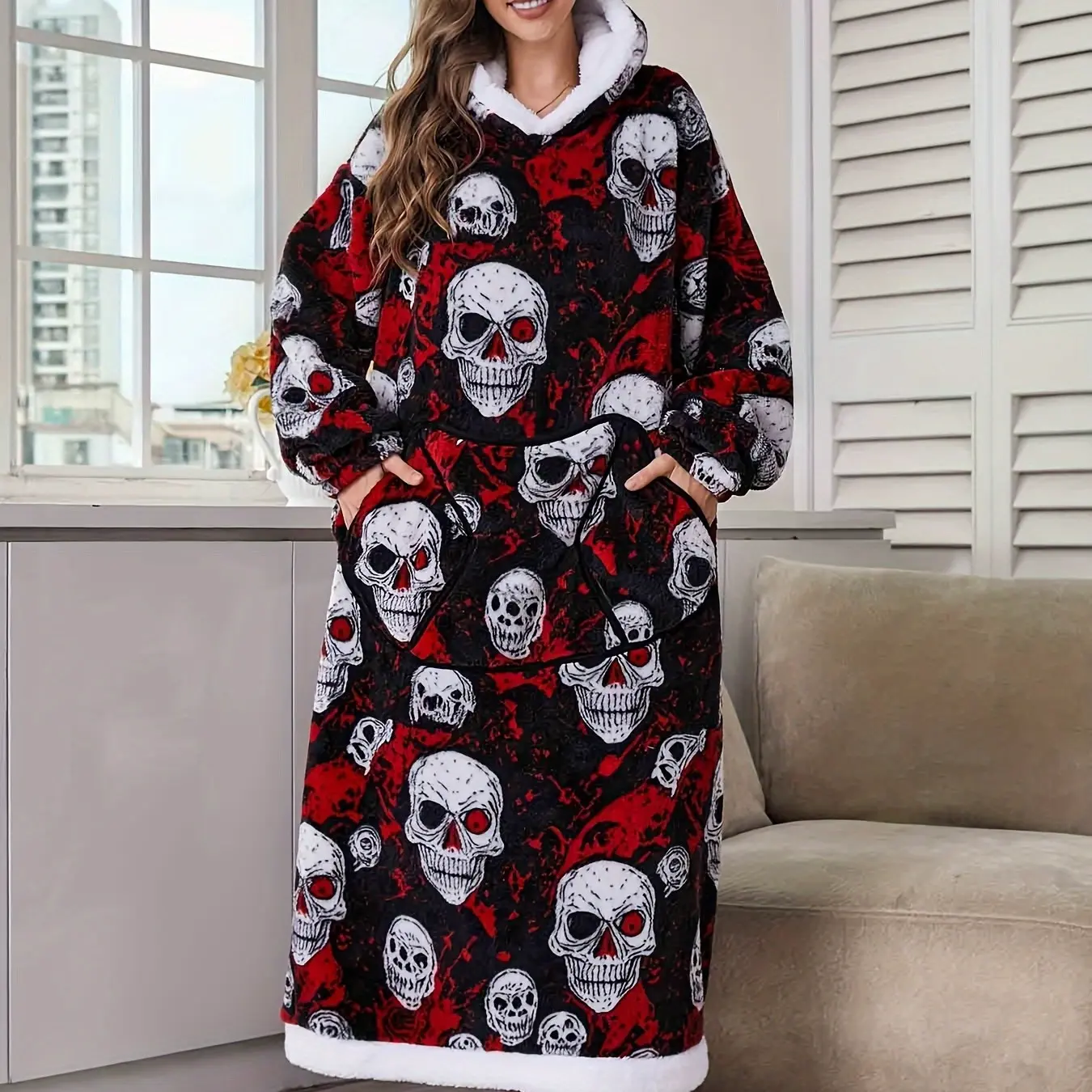 Halloween Skull Print Wearable Blanket, Plus Size Thick Hooded Loungewear, Unisex, Multiple Patterns Available