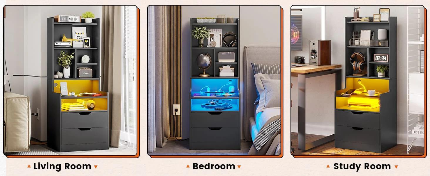 Sikaic LED Tall Nightstand with Bookshelf Charging Station Black Modern Bedside Table with RGB LED Lights & Storage Drawers - Tabletop Design