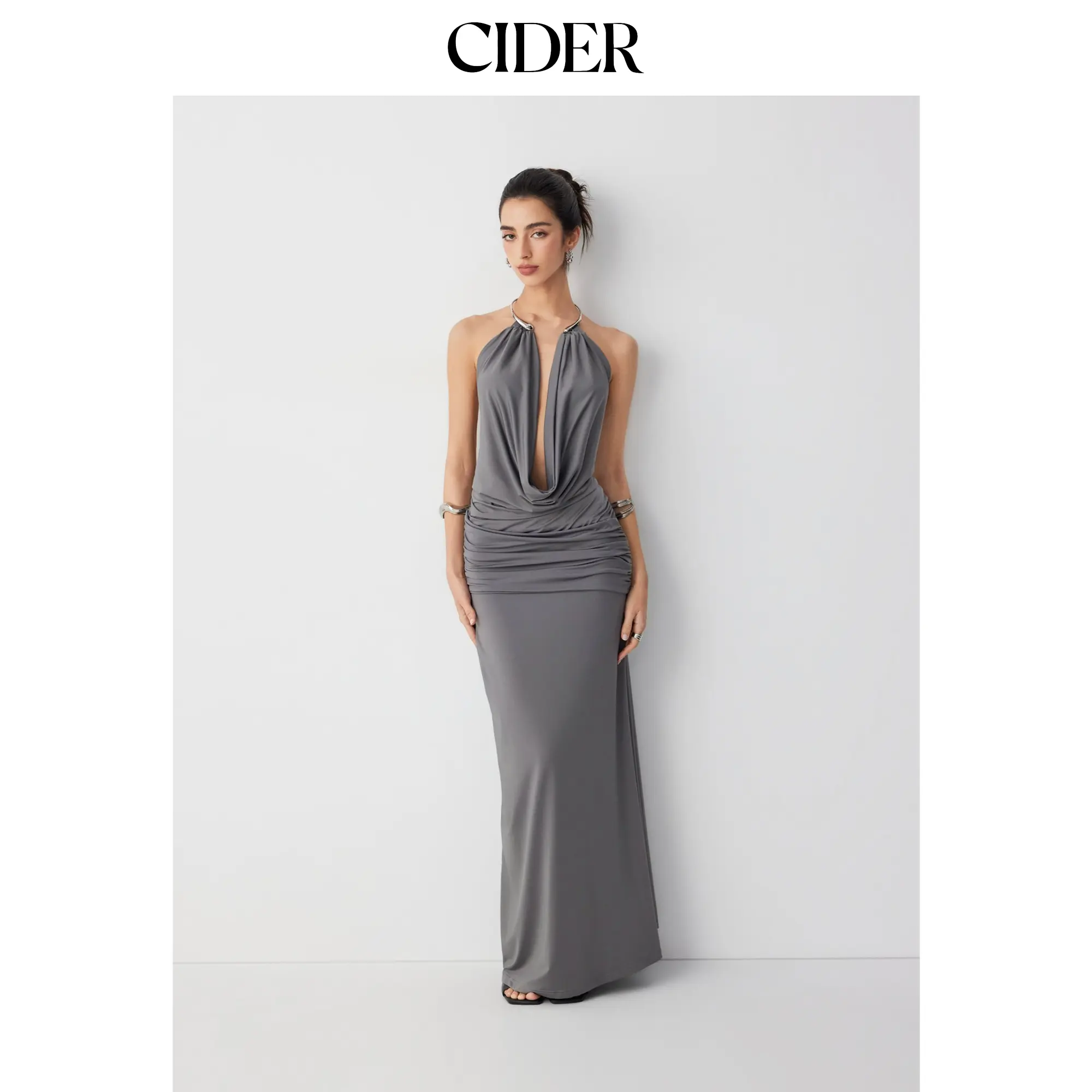 Cider Halter Neckline Ruched Metal Detail Draped Maxi Bardot Dress