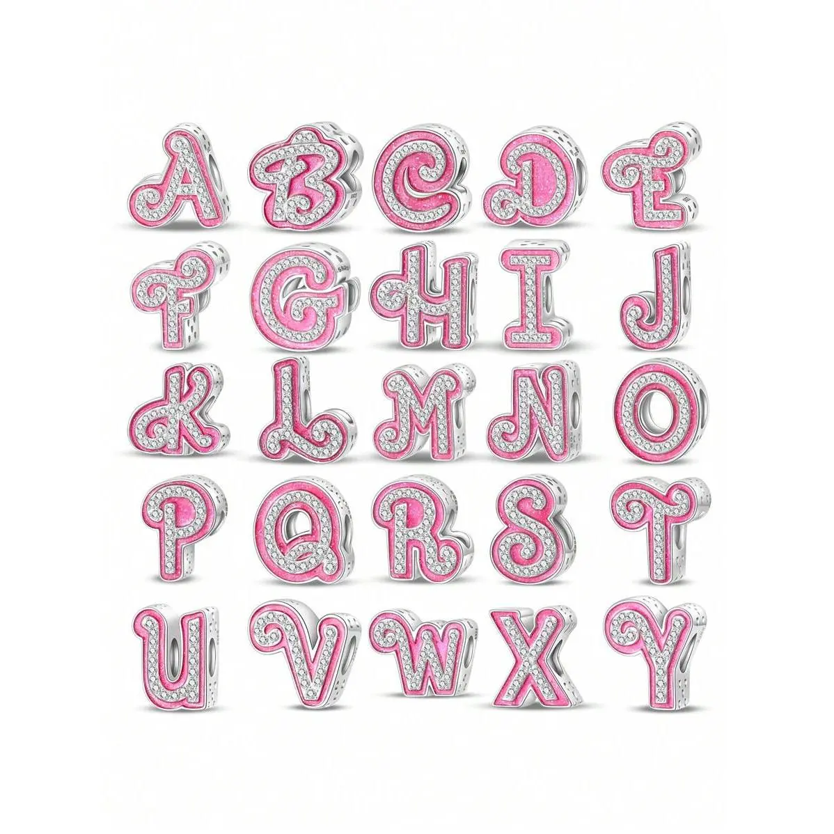 Silver Plated Charm Twenty-Six Letter Series A To Z Initial Charms For Bracelets Zirconia Pink Letter Pendant DIY Jewelry Christmas Birthday Gift