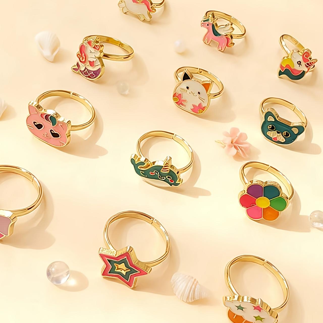 12Pcs Kids Girls Alloy Drip Oil Animal Style Adjustable Rings Set Party Favors Jewelry