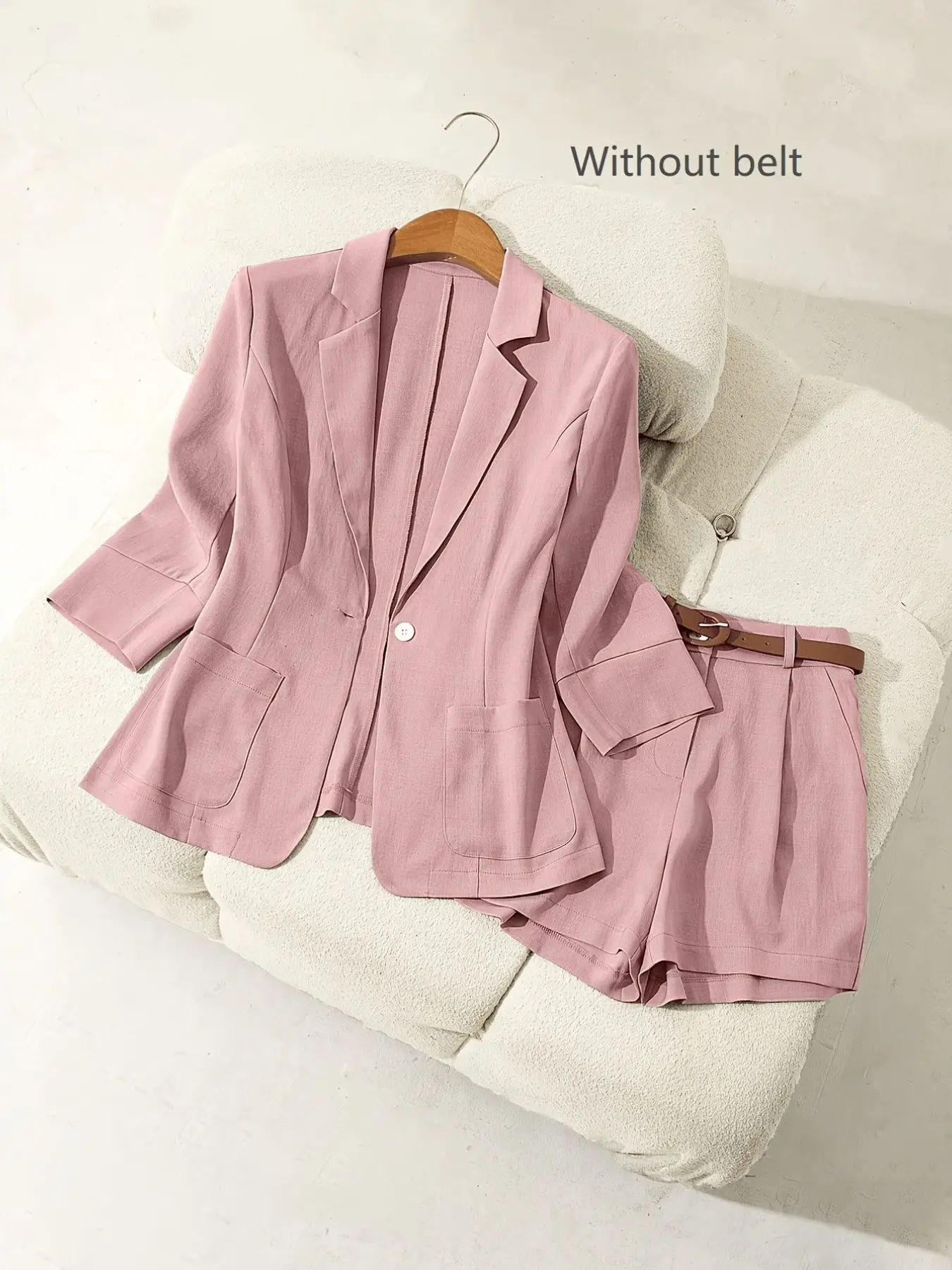 Elegant Linen Suit Two-Piece Set, Notched Lapel Seven-Quarter Sleeve Jacket, High-Waisted Wide-Leg Shorts, Commuter
