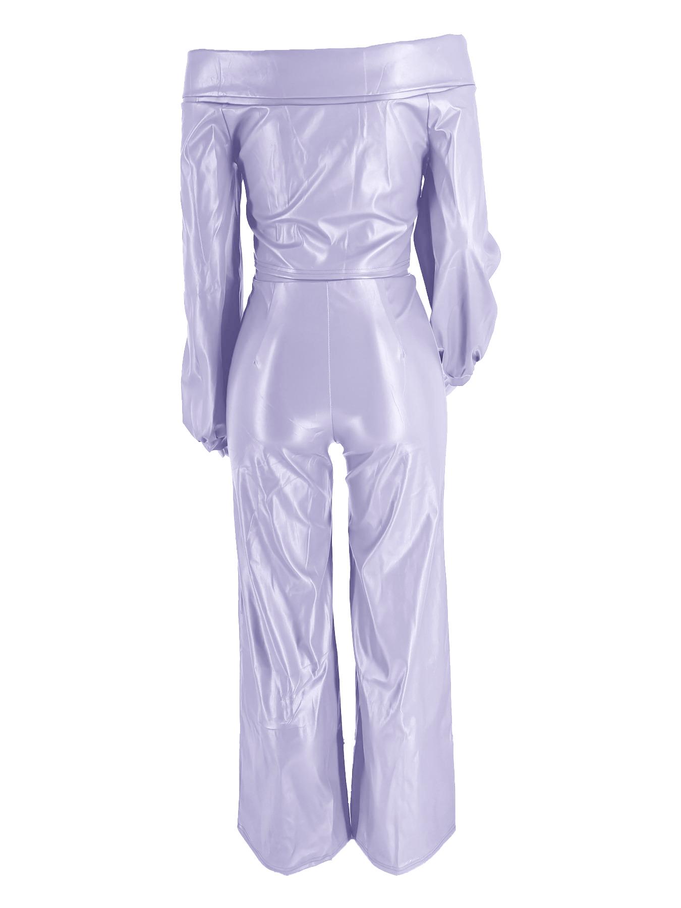 Two-Piece Set Women's Spring Casual Plain Off Shoulder Knot Front Bishop Sleeve Blouse & Wide Leg Pants Set, Solid Color Long Sleeve Top & Trousers Set for Fall, Women's Clothes