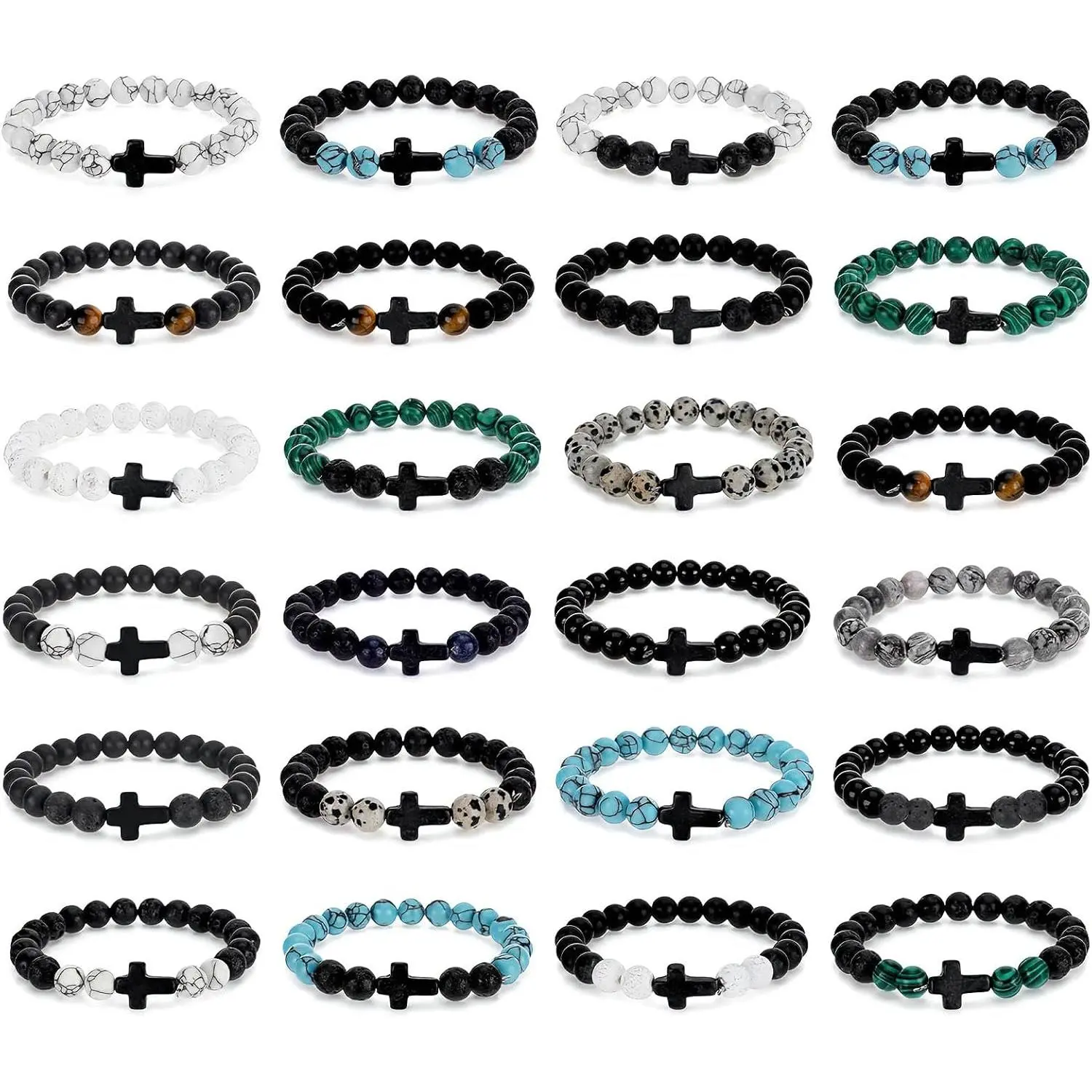 24 count  Bracelets for Men Women, Stretch Rosary Bracelet with  Charm and 8mm Stone Beads Christian  Bulk Religious Gifts for Prayer Church Souvenirs (Multicolor)