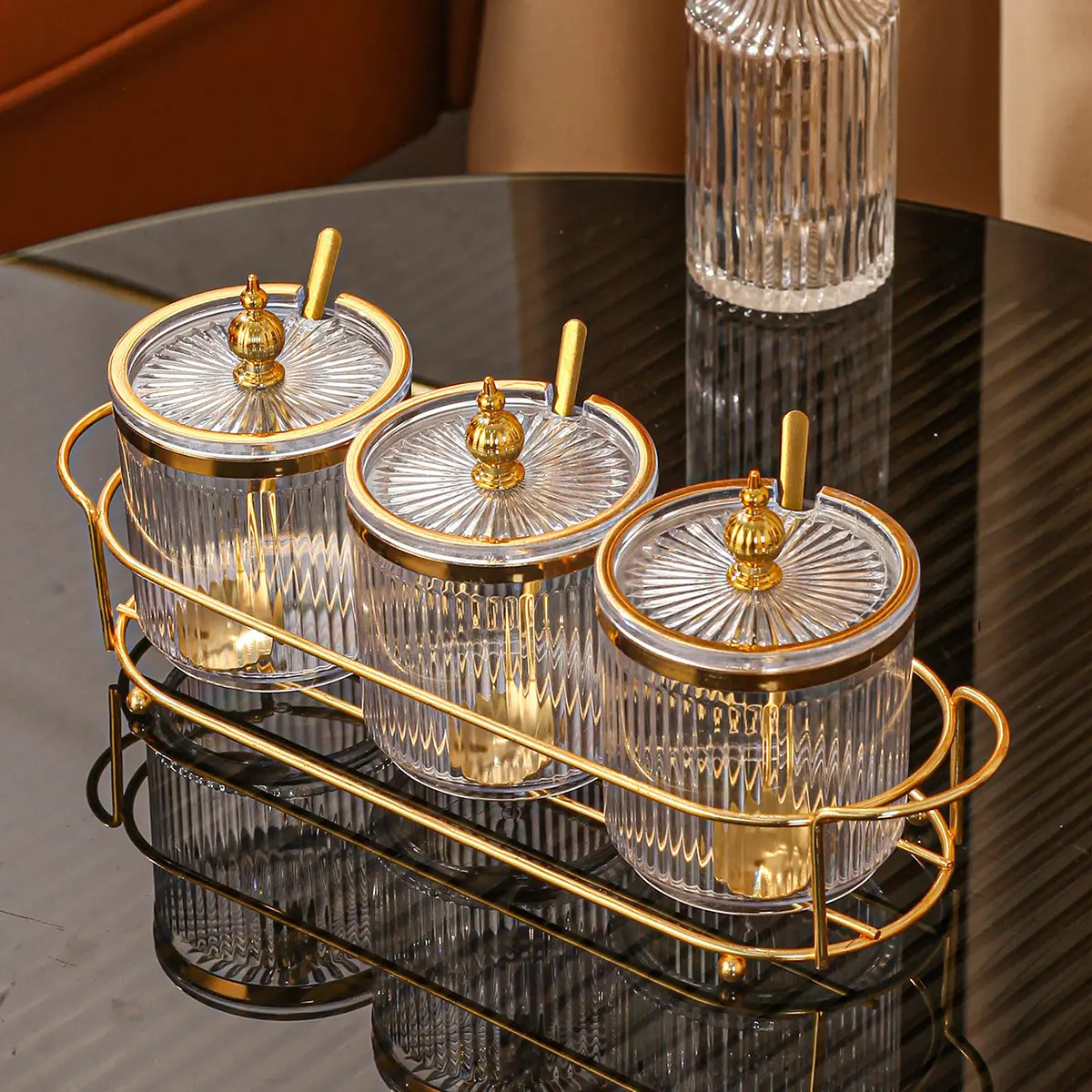 1set light luxury seasoning tank kitchen storage oil and salt seasoning storage tank 1 rack 3 cans with spoon