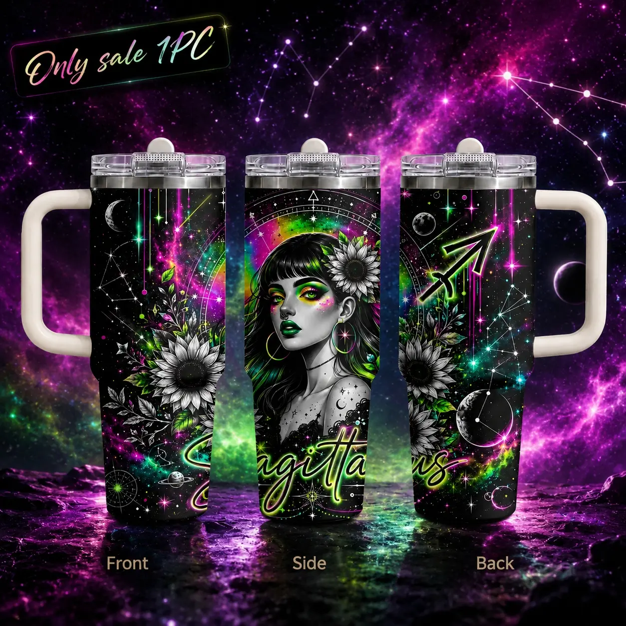 Guluboo Vibrant Cosmic Neon Zodiac Witch Vacuum Flasks 40oz 3rd Gen Vacuum Insulated Tumbler with Handle & Straw Lid, Leak-Proof Stainless Steel Travel Mug for Water, Coffee, Gym, Office, Car Cup Holder
