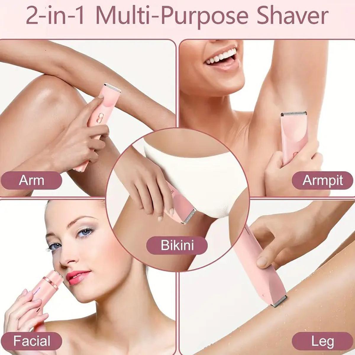 Bikini Trimmer for Women, Electric Shaver and Razor Rechargeable 2-in-1 Body and Facial Epilator, Dual Heads for Painless Trimming of Pubic Hair, Face, Underarms and Legs, IPX7 Waterproof. Christmas Gift New Year Gift