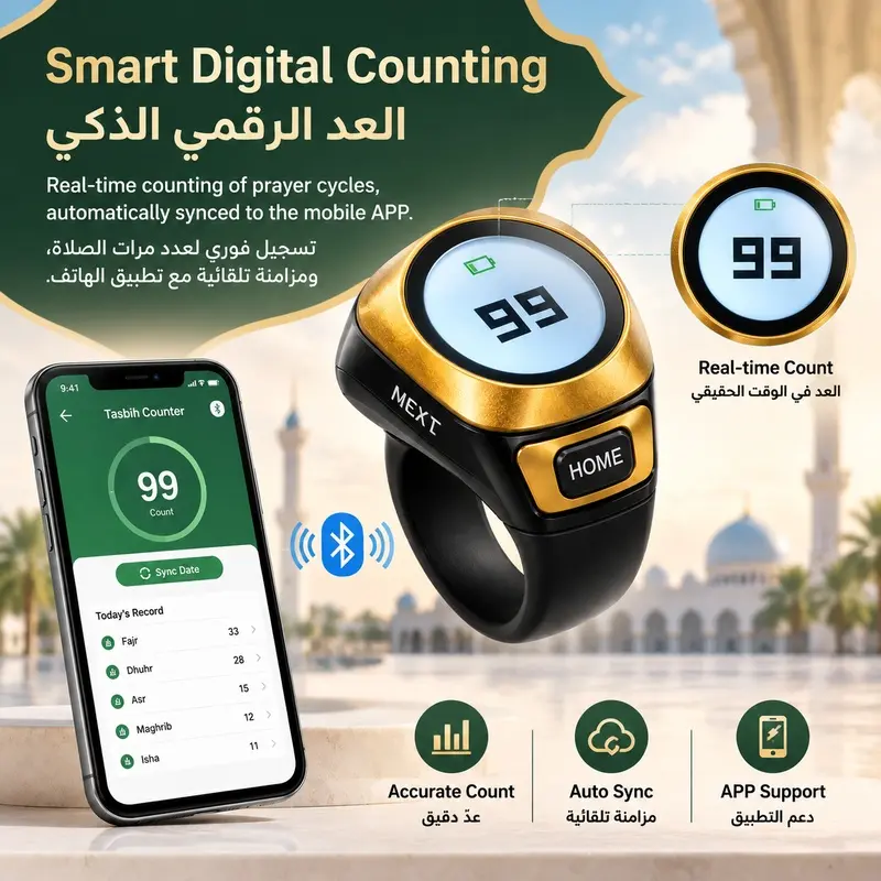 Digital Prayer Counter Ring, Smart Prayer Ring, Electronic Tasbih Counter, Tasbeeh Counter, Dhikr Counter for Daily Muslim Worship, Full-Color Display, Button Control, App Connection, USB-C Port, Ramadan Eid Gift