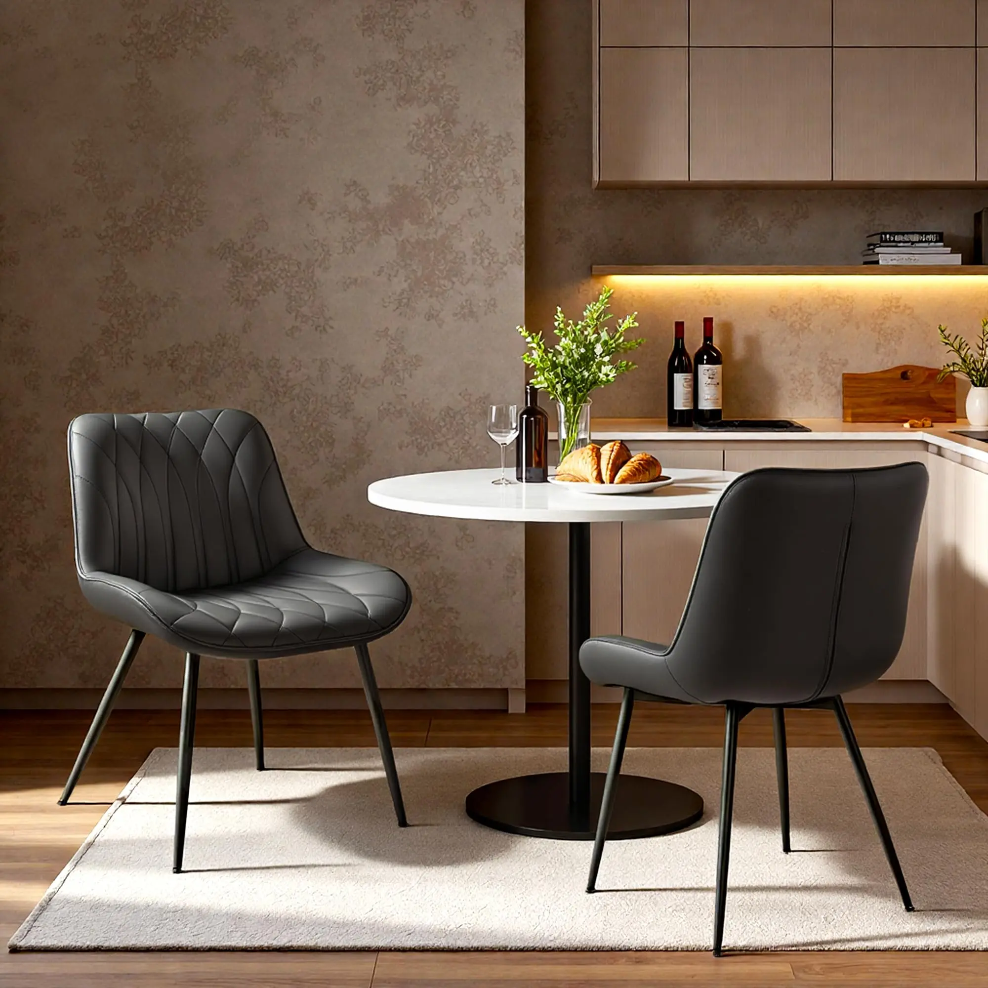 Dining Chairs Set of 2, Modern Dining Room Chairs with Thick Cushions, Upholstered Faux Leather Cushion Seat and Sturdy Metal Legs, Kitchen Side Armless Chair Black