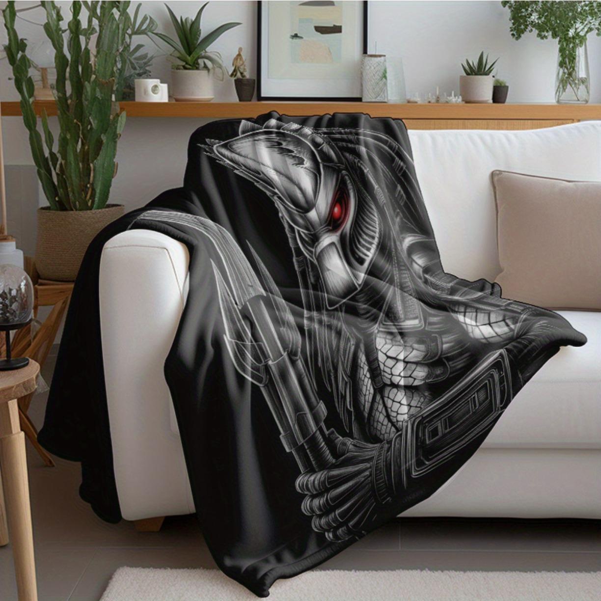 Predator Design Throw Blanket - Soft Lightweight Acrylic Sofa Cover with Red Eye Detail, Durable Black & White Artistic Design  - Perfect Sci-Fi Gift for Fans, All-Season Cozy Blanket, Sofa Throw, Sci-Fi Theme, Intricate Patterns