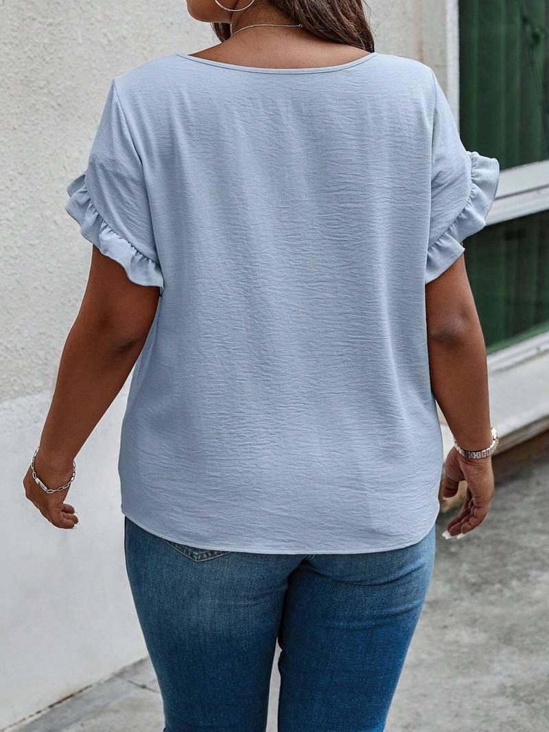 Plus Size Plain Frill Trim Petal Sleeve Notched Neck Tee, Casual Short Sleeve T-shirt for Daily Wear, Women Plus Clothing for All Seasons