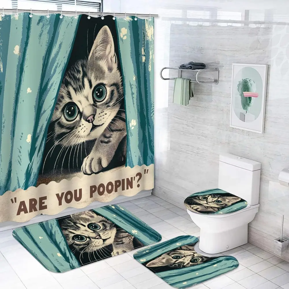 2D Cat Pattern Design, 4-Piece Bathroom Set, Modern Bathroom Decor, Includes Carpet (U-shaped Bath Mat, Toilet Cover) and 12 Durable Hooks, Non-Slip Floor Mat, Waterproof Shower Curtain, Polyester Fiber