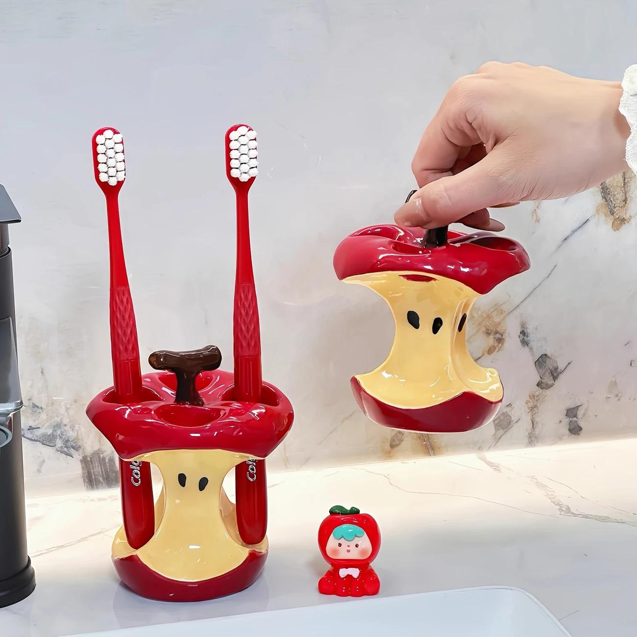 Original Design Fun Apple Core Ceramic Toothbrush Holder, Bathroom Decor, Independent Storage Rack, Durable Holiday Gift