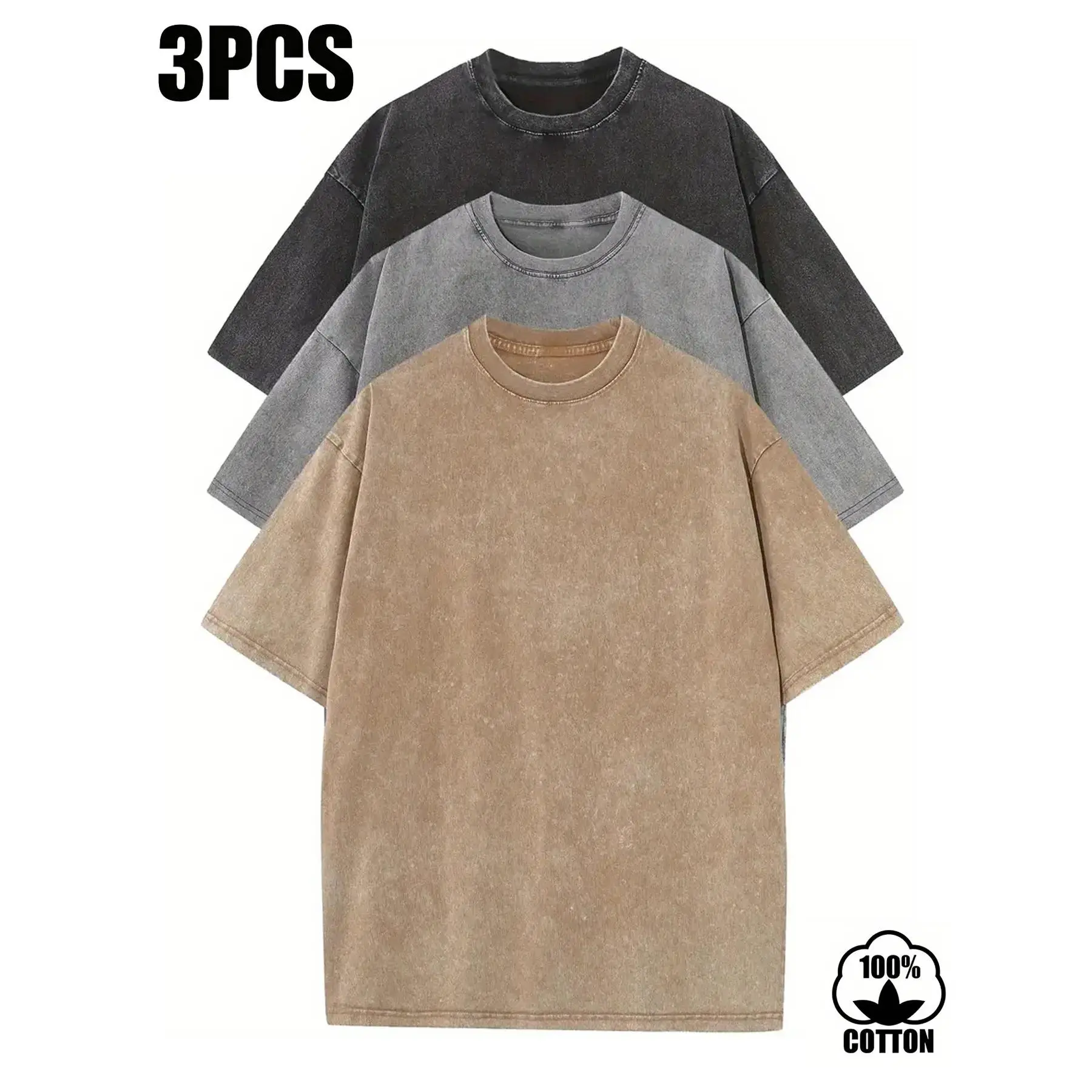 Set of 3 men’s  cotton loose solid-color T-shirts; heavyweight vintage plus-size washed distressed casual short-sleeve crew neck T-shirts for summer outdoor wear