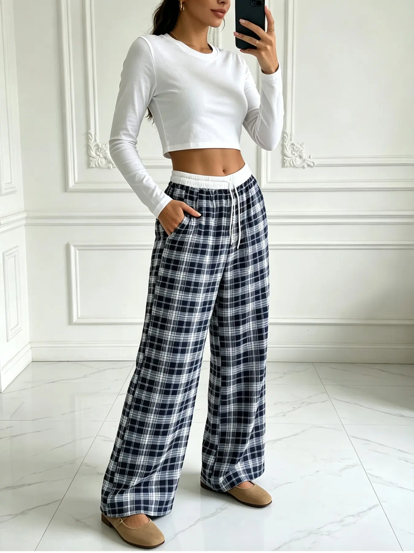 Casual Plaid Wide Leg Sleep Pants, Elastic Waist Straight Leg Pajama Bottoms, Spring Summer Fall Women's Home Wear, Comfortable Lounge Clothing, Casual Home Loungewear