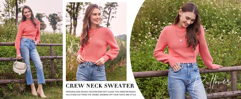 Saodimallsu Womens Sexy Crew Neck Cropped Sweaters Ribbed Knit Long Sleeve Crop Tops Pullover