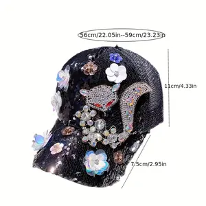 [Rhinestone Flower Cap] New Individual Rhinestone Flower Baseball Cap, Fashionable All-Match Sequined Net Cap Duckbill Hat Women's (Rhinestone And Flower Position, Color Random)