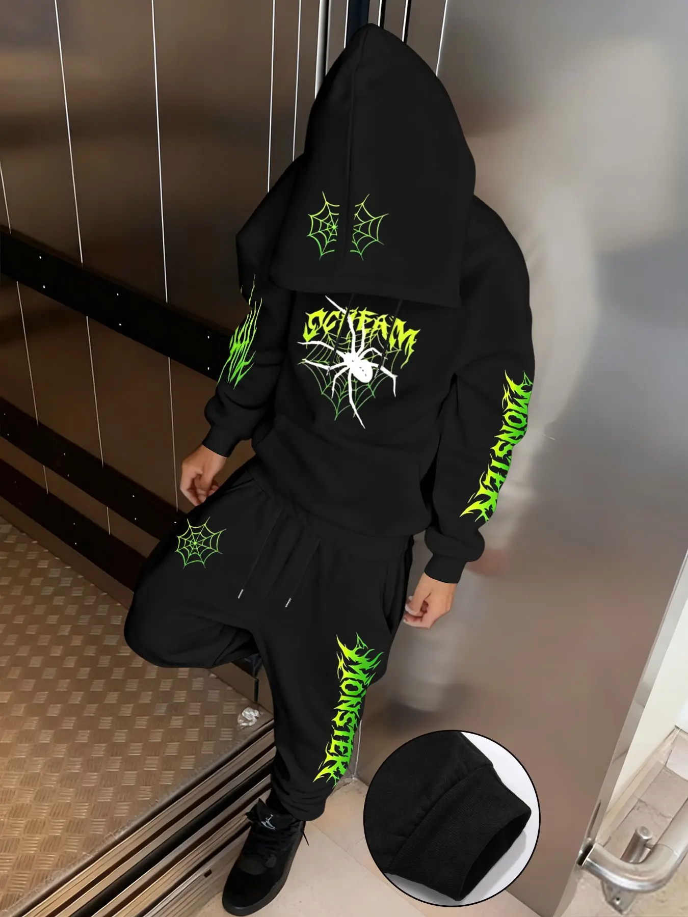 Men's Dark Skull Spider Web Print Hoodie Set, High Street Subculture Fashion, Loose-Fit Sweatshirt and Pants Two-Piece Set, Fall & Winter