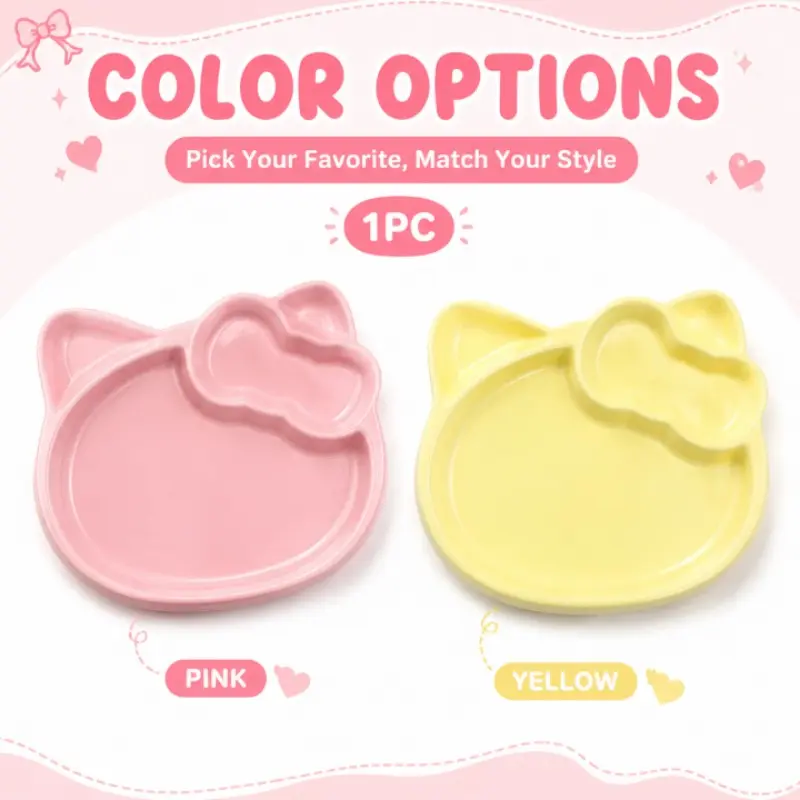 Cute Cat‑Head Divided Ceramic Plate with Bowknot, Kawaii Character Shaped Serving Tray, Multi‑Compartment Dessert Snack Plate for Home Table Decor Tableware