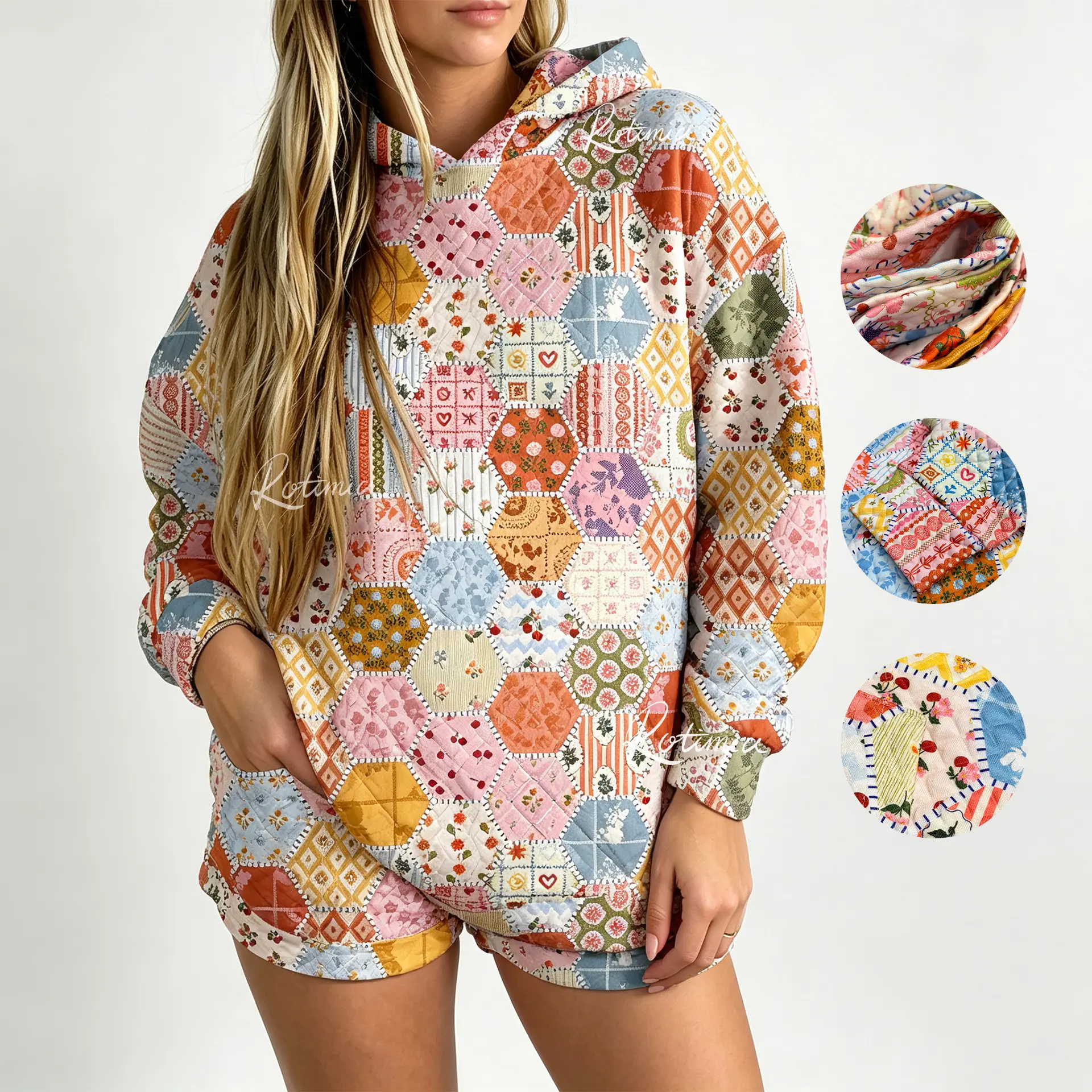 Women's 2-Piece Retro Geometric Floral Hexagon Patchwork Loungewear Set - Loose Polyester Fabric Hoodie & Matching Multicolor Shorts with Pockets for Casual Wear