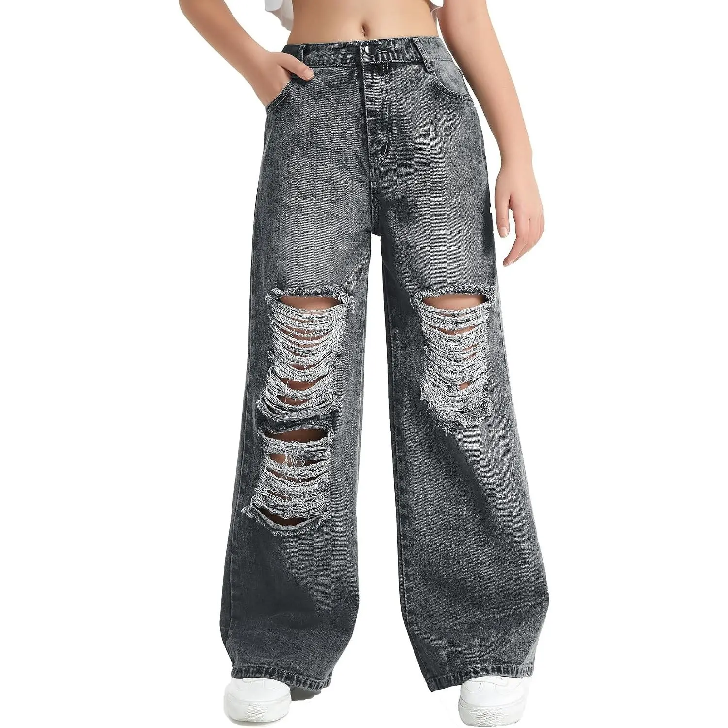Girls Jeans Baggy Denim Pants Wide Leg/Flare Teen Clothes Ripped Tween Washed Trousers Casual Youth Kids Junior Preteen Preppy Back to School Bottoms Pockets Mid Rise Y2K 6-16Y
