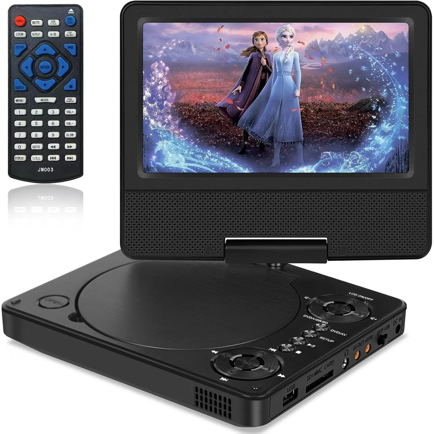 Compact 9-in Portable DVD Player for Kids & Family Audio Devices, 7-in Swivel Screen, 4-6 Hours Playtime, Stereo Speakers, Remote Control, TV Sync, USB/SD Support, Multiple Disc Formats & AVI/Synthetic Compatibility, Device, Memory, 7 Inch