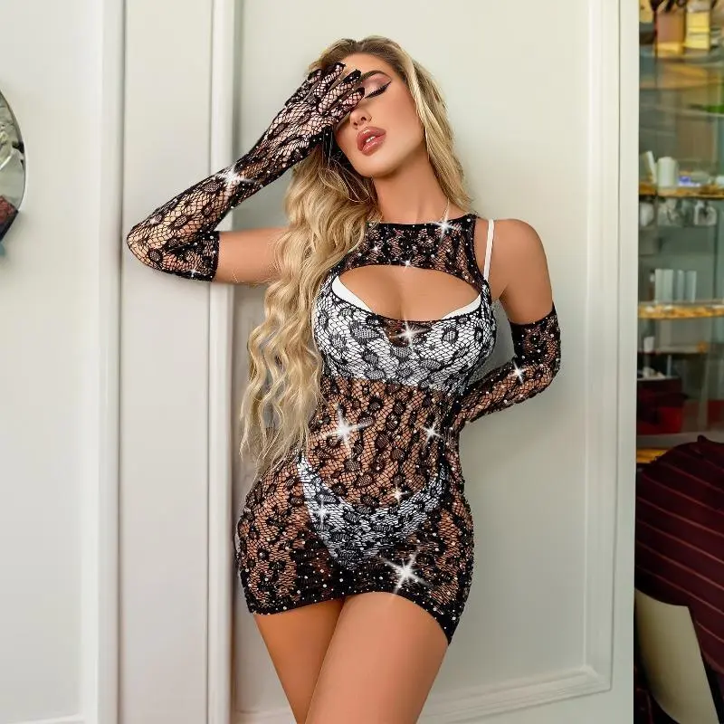 Women's Sexy Short-Top Leopard Print Rhinestone Hollow Bodysuit with Matching Gloves Fashion Accessory Set