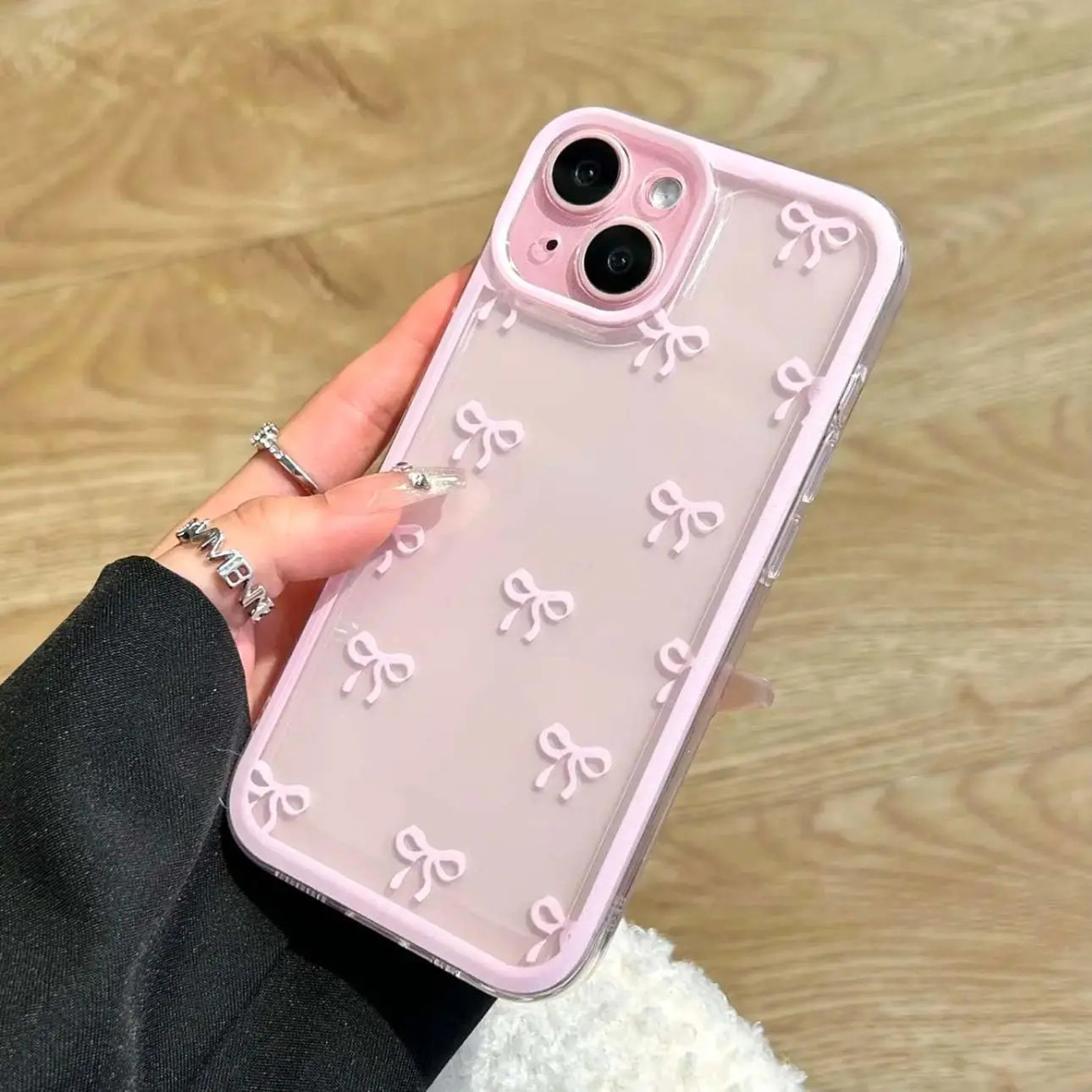Case for iPhone 13, Clear Cute Ribbon Bowknot Pattern Aesthetic Transparent Phone Case Raised Camera Protection Stylish Slim Soft Durable TPU Protective Cover for Women Girls - Pink