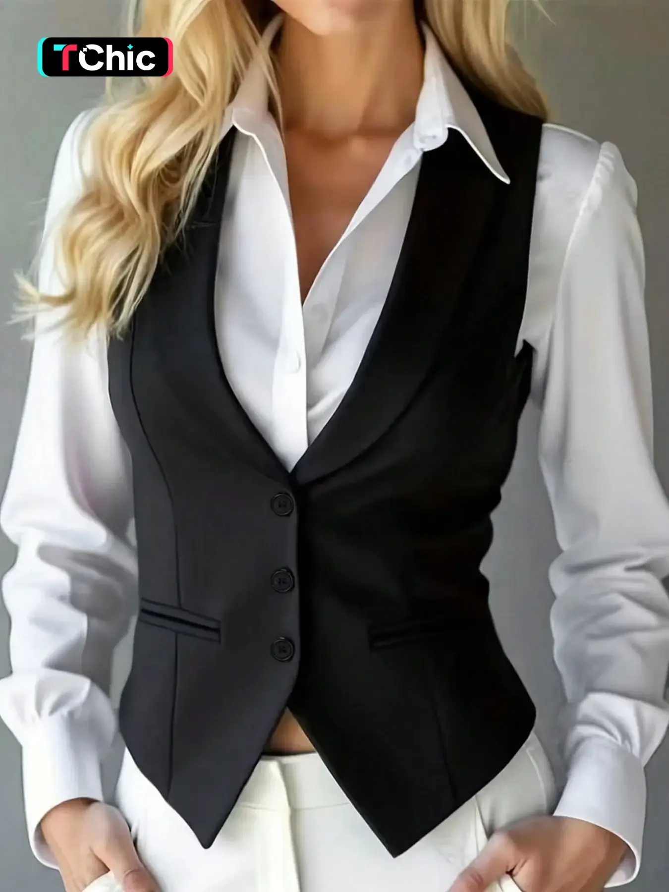Women's Slim Fit V-Neck Sleeveless Blazer Vest, Fake Pocket Design, Office Essential, Professional Wear, Formal Wear, Shirt Pairing Must-Have