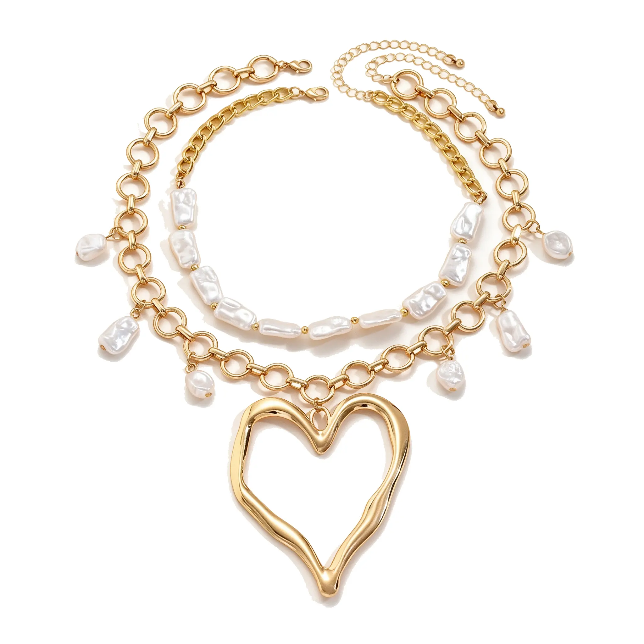 Y2k Large Heart Necklaces for Women Chunky Big Heart Pendant Necklace Exaggerated Layered Love Pearl Choker Necklace Set Dainty Statement Jewelry Gift