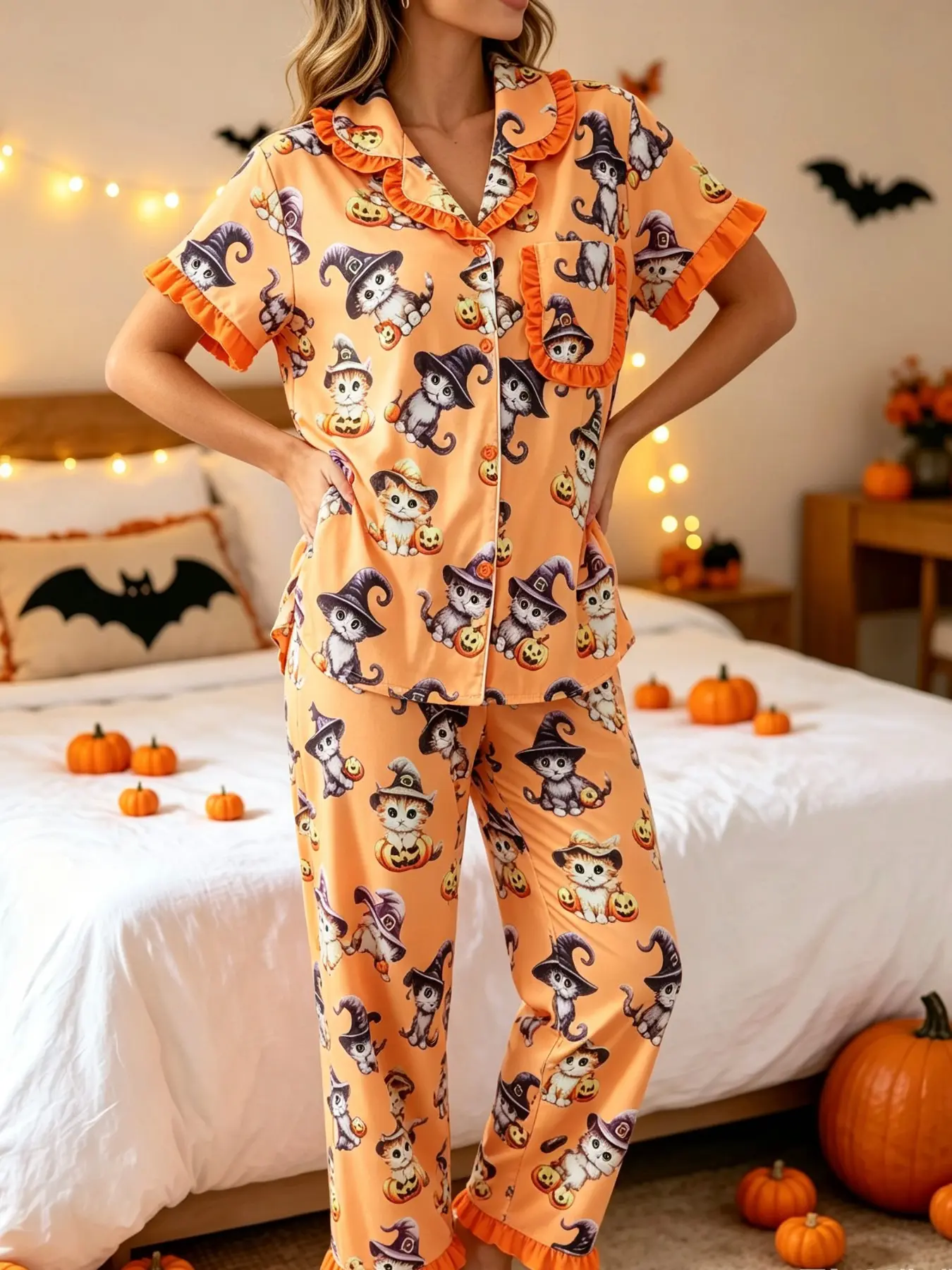 Women's Halloween Pajama Set, Animal Cat Pumpkin Print, 2-Piece Short Sleeve Sleepwear, Casual Comfortable All-Seasons Home Wear