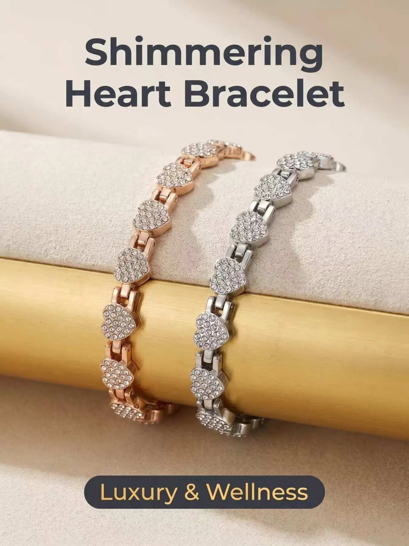 Rose & Silver Color Two-Tone Crystal Heart Tennis Bracelet, Sparkling Full Rhinestone Heart Link Bangle, Elegant Women's Jewelry