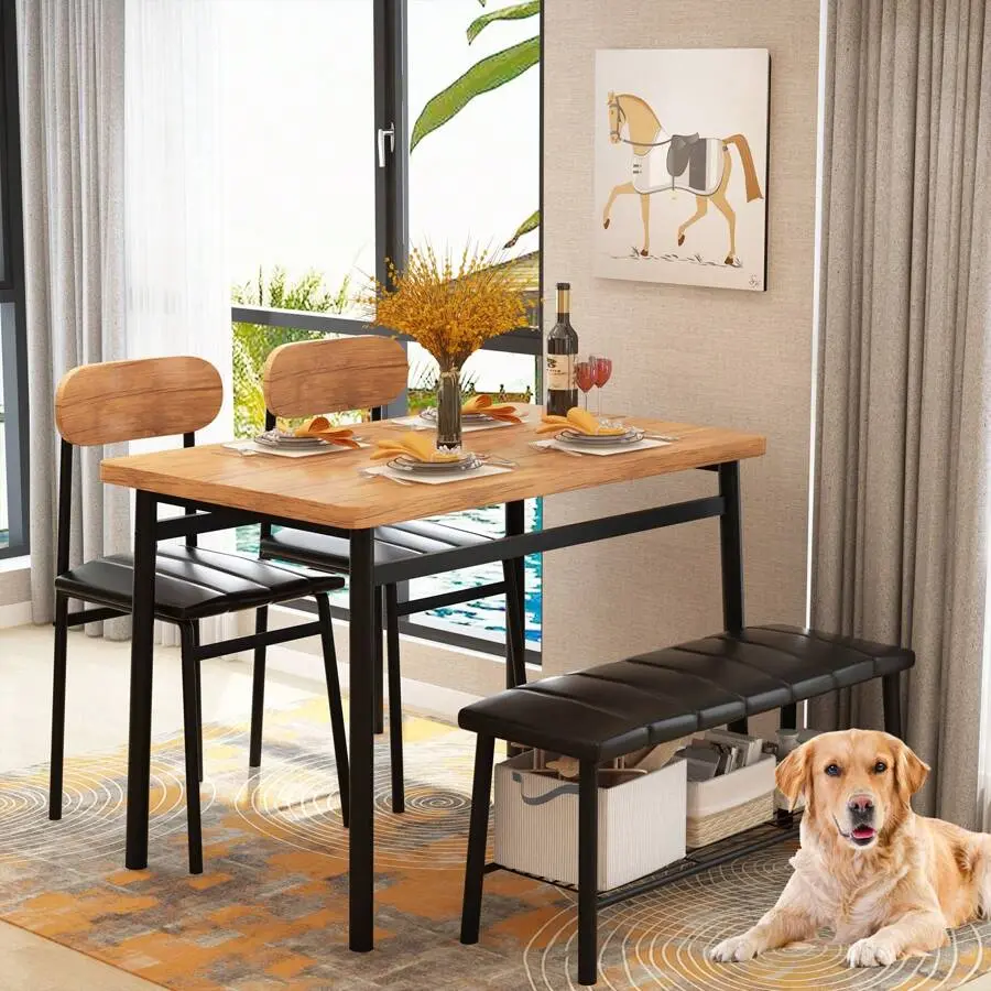 4-Piece Rectangular Dining Table Set, Wooden Dining Table, Breakfast Table Set With 2 Upholstered Chairs & Bench Breakfast Nook,, Living Room, Brown